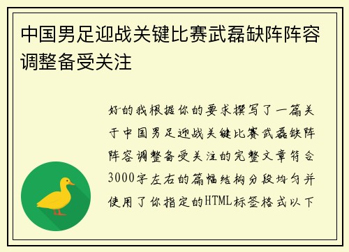 中国男足迎战关键比赛武磊缺阵阵容调整备受关注