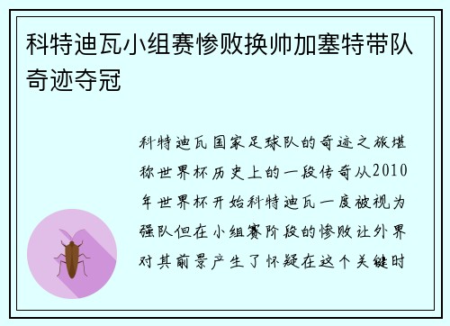科特迪瓦小组赛惨败换帅加塞特带队奇迹夺冠